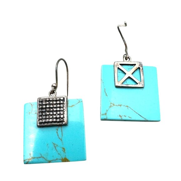 Turquoise and Silver Square Earrings - Picture 3 of 5